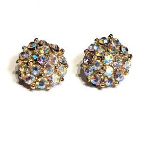 Vintage Round Clip on Rhinestone Earrings with Aurora Borealis Finish